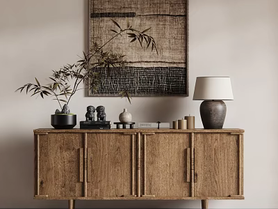 Modern Wooden Decorative Cabinet With Green Plant Ornaments Table Lamp And Wall Art 3d model