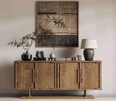 Modern Wooden Decorative Cabinet With Green Plant Ornaments Table Lamp And Wall Art 3d model