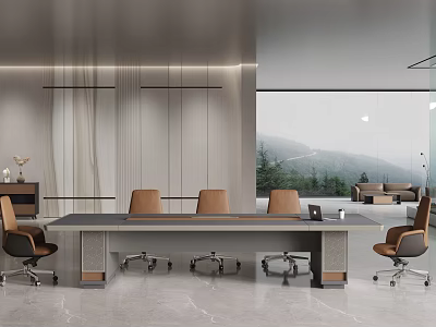 Modern Conference Room Interior With Long Table Comfortable Chairs Large Windows And Mountain View 3d model