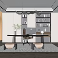 Modern Study Room Interior With Wooden Desk Computer Bookshelf Decorations Potted Plant And Rug