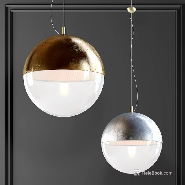 Two Modern Spherical Pendant Lights With Metallic Finish And Transparent Glass Shade 3d model 