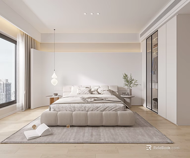 Modern Bedroom Interior With Soft Bed Light Gray Rug Pendant Light And Glass Wardrobe 3d model 