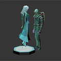 Teal 3D Game Movie Characters Female Flowing Design And Male Armored Suit On Illuminated Base