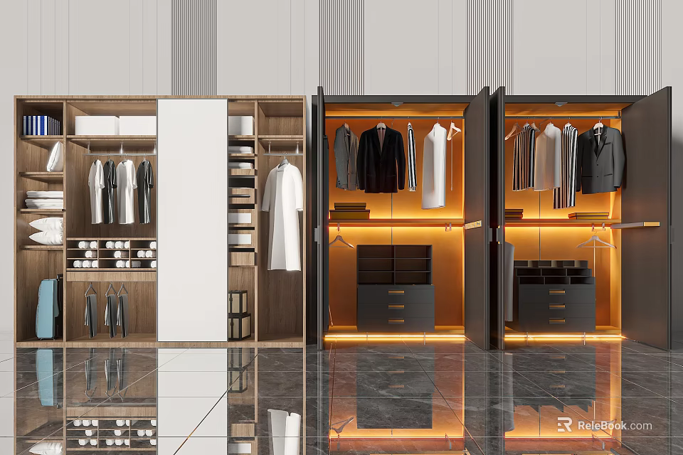 Modern Closet Interior Design With Open Shelves Hanging Rods And LED Lighting 3d model 