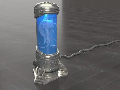 Metallic Silver Transparent Blue Cylinder Device With Enclosed White Figure Base And Side Cable 3d model