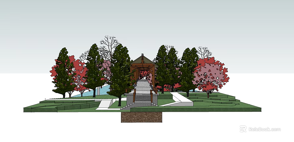 Tranquil Garden Courtyard With Stone Steps Central Building Evergreen And Red Leaf Trees Lawn Pathways 3d model 