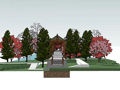 Tranquil Garden Courtyard With Stone Steps Central Building Evergreen And Red Leaf Trees Lawn Pathways 3d model