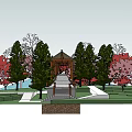 Tranquil Garden Courtyard With Stone Steps Central Building Evergreen And Red Leaf Trees Lawn Pathways
