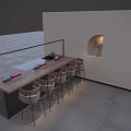 Modern Bar Counter With Wooden Countertop And Comfortable Stools By Illuminated Wall Niche