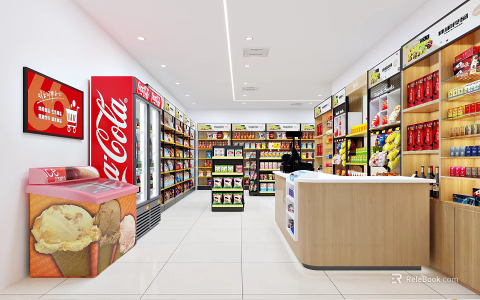 Mall Convenience Store Interior With Shelves Coca-Cola Refrigerator Ice Cream Display Checkout Counter 3d model 