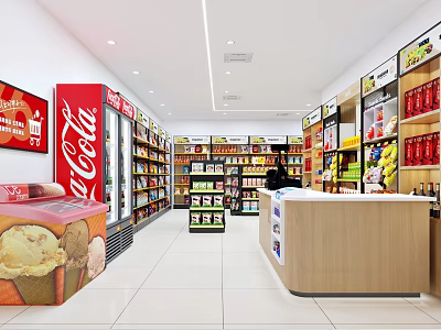 Mall Convenience Store Interior With Shelves Coca-Cola Refrigerator Ice Cream Display Checkout Counter 3d model