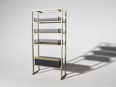 Modern Minimalist Bookcase With Golden Metal Frame Multiple Glass Shelves And Dark Lower Drawer 3d model