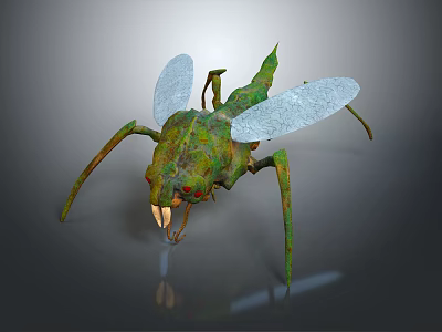 3D Rendered Green Insect With Transparent Wings Sharp Fangs And Red Eyes 3d model