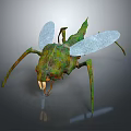 3D Rendered Green Insect With Transparent Wings Sharp Fangs And Red Eyes