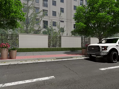 Urban Roadside Facilities With Sidewalk Trees Flower Pots And Parked Vehicle 3d model