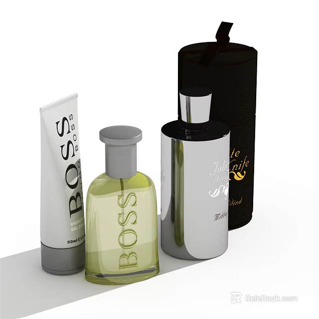 Elegant BOSS Perfume And Cosmetic Collection With Silver Green Glass Bottles And White Tube Packaging 3d model 
