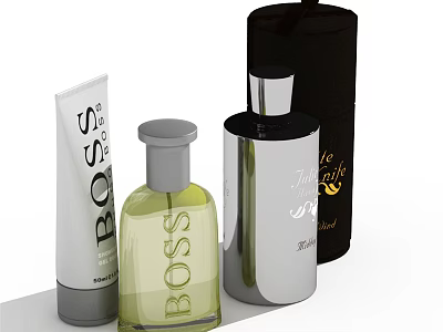 Elegant BOSS Perfume And Cosmetic Collection With Silver Green Glass Bottles And White Tube Packaging 3d model
