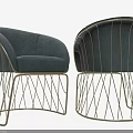 Modern Single Sofa With Gray Fabric And Gold Metal Geometric Frame Design