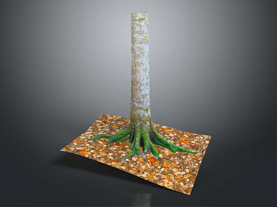 Wooden Tree Trunk with Roots on Stone Base Decorated with Fallen Leaves and Natural Texture 3d model