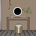 Elegant Beige Dressing Table With Round Mirror Upholstered Stool And Potted Plant