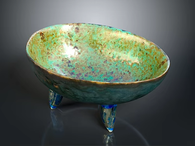 Artisan Crafted Sculptural Bowl With Green Copper Glaze And Blue Tripod Legs 3d model