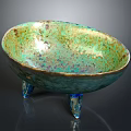 Artisan Crafted Sculptural Bowl With Green Copper Glaze And Blue Tripod Legs