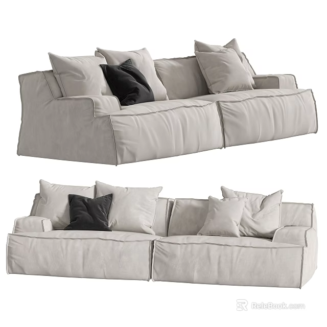 Light Gray Fabric Two Seater Sofa with Soft Cushions and Black Accent Pillow Modern Design 3d model 