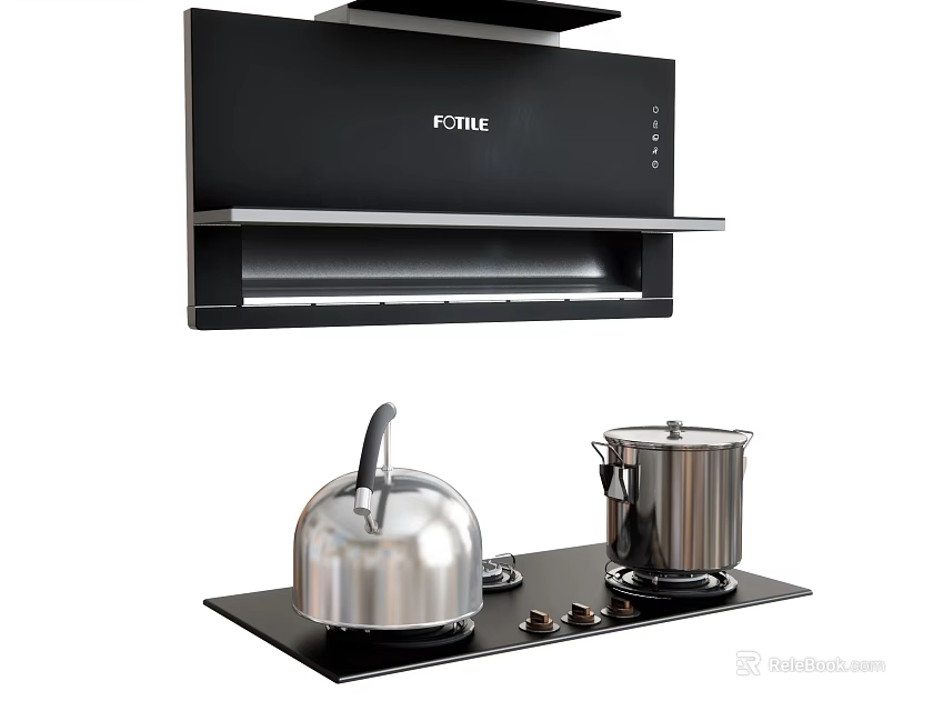 Modern Kitchen Appliances With Black Range Hood And Stove Featuring Silver Kettle And Pot 3d model 