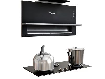 Modern Kitchen Appliances With Black Range Hood And Stove Featuring Silver Kettle And Pot 3d model