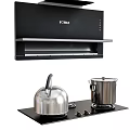 Modern Kitchen Appliances With Black Range Hood And Stove Featuring Silver Kettle And Pot