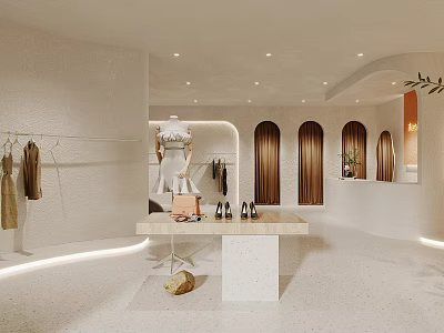 Modern Clothing Store Interior With White Walls Curved Design Arched Doors And Hanging Clothes 3d model