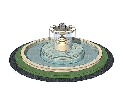 Circular Multi Tiered Fountain With Central Decorative Top And Surrounding Green Lawn 3d model