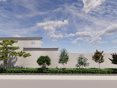 Shrub Landscaping In Outdoor Area By Building Wall With Green Trees And Blue Sky 3d model