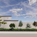 Shrub Landscaping In Outdoor Area By Building Wall With Green Trees And Blue Sky