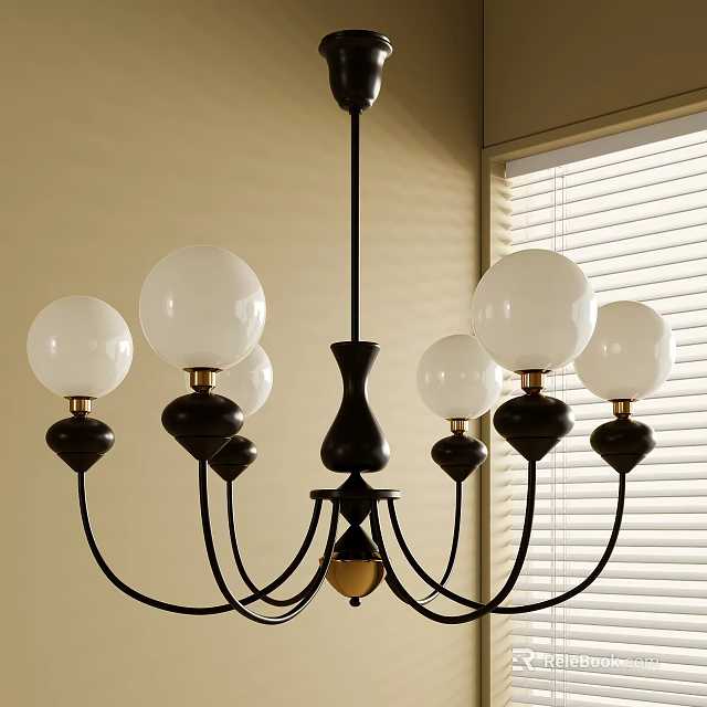 Modern Black Metal Chandelier With White Spherical Glass Shades And Gold Accents For Interior Design 3d model 