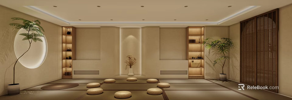 Serene Japanese Tatami Room With Round Cushions Wooden Shelf And Dried Flower Vase 3d model 
