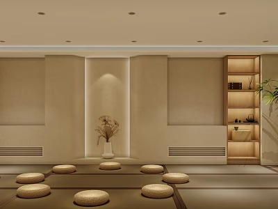 Serene Japanese Tatami Room With Round Cushions Wooden Shelf And Dried Flower Vase 3d model