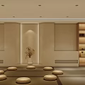 Serene Japanese Tatami Room With Round Cushions Wooden Shelf And Dried Flower Vase