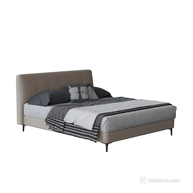 Double Bed With Light Gray Upholstered Headboard Gray Pillows Patterned Cushion Black White Striped Blanket 3d model