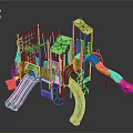 Colorful Playground Structure With Slides Climbing Nets And Canopies