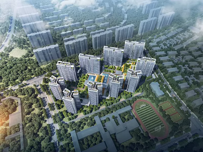Aerial View Planning of Modern Residential Community Featuring High Rise Buildings and Green Spaces 3d model