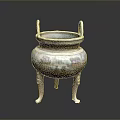 Traditional Bronze Tripod Sculpture With Ornate Carved Patterns Double Handles And Inscriptions