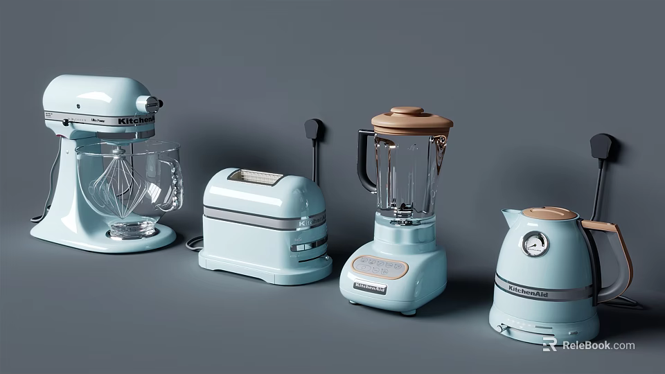 Pastel Blue Vintage Style Kitchen Appliances Including Mixer Toaster Blender And Kettle 3d model 