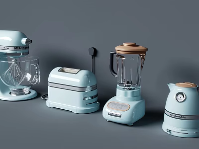 Pastel Blue Vintage Style Kitchen Appliances Including Mixer Toaster Blender And Kettle 3d model