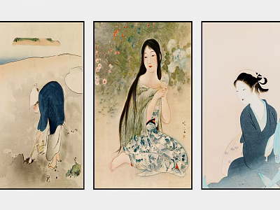 Traditional Japanese Figure Paintings Featuring Female Figures in Traditional Attire and Natural Backgrounds 3d model