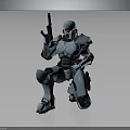 Detailed Robotic Character in Crouching Pose Holding Gun With Metallic Armor Suit