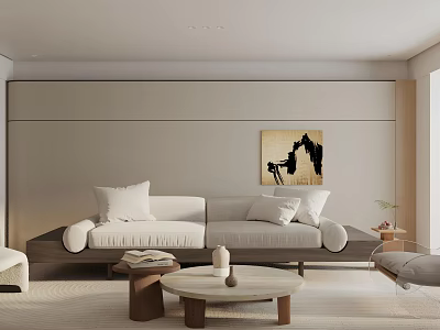 Modern Minimalist Living Room with Light Gray Sofa Pillows Round Coffee Table Decorative Painting 3d model