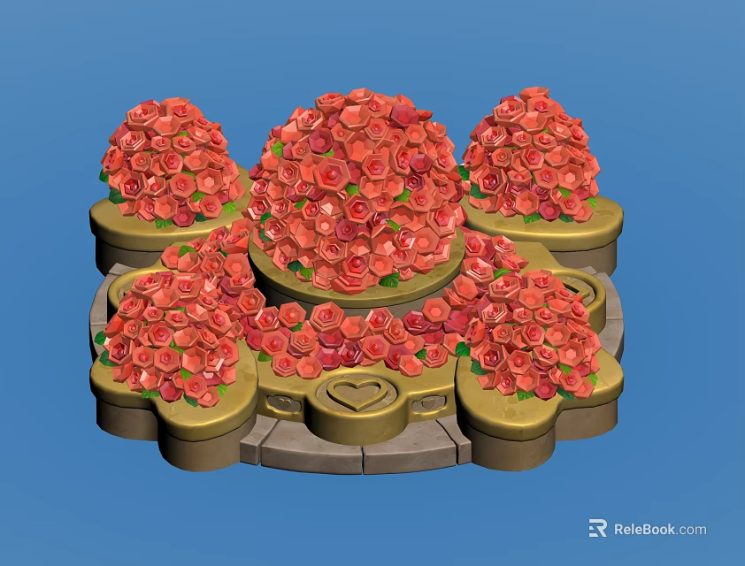 Park Landscape Featuring Circular Red Rose Bushes On Green Pedestals With Heart Shape Center 3d model 
