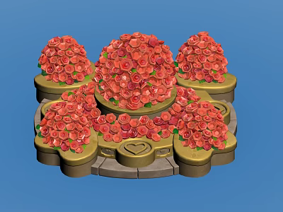 Park Landscape Featuring Circular Red Rose Bushes On Green Pedestals With Heart Shape Center 3d model