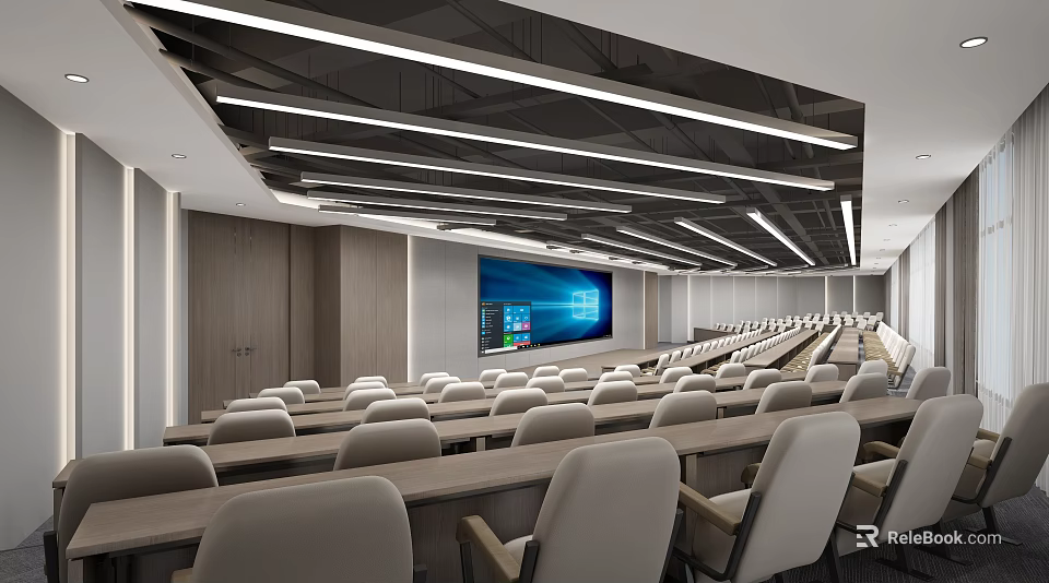 Modern School Lecture Hall With Neatly Arranged Seats Large Projection Screen And Modern Lighting Facilities 3d model 